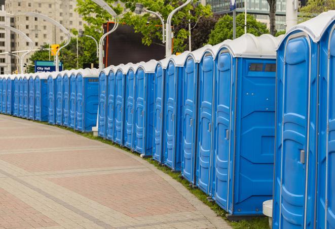 portable restrooms lined up at a marathon, ensuring runners can take a much-needed bathroom break in Harwick